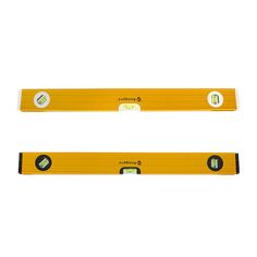 two yellow rulers with black handles on white background