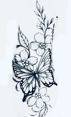 a black and white drawing of a butterfly with flowers