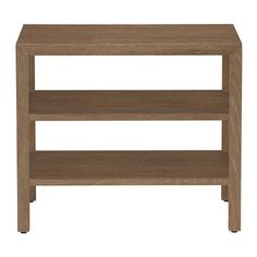 the side table is made from wood and has two shelves on each side, with one shelf below it