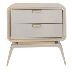 a white and gold nightstand with two drawers on it's legs, against a white background