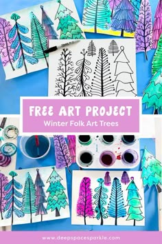 Winter Folk Art Trees Art Project with Free Printable Folk Art Trees, Winter Folk Art, Art Project For Kids, 2nd Grade Art, Trees Art