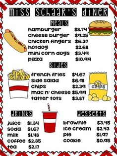 the menu for miss scharr's diner is shown in red and white