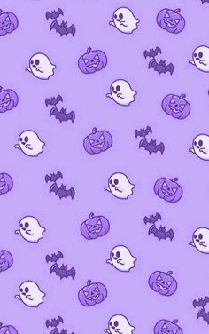 purple and white halloween wallpaper with ghost heads, bats and pumpkins on it