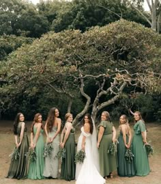 a group of women standing next to each other in front of a tree with greenery