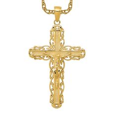 Introducing our 10k yellow gold Lord Jesus Christ crucifix holy cross necklace, perfect for both men and women. This religious necklace features a fancy crucifix design that is sure to catch the eye. The unisex cross necklace is a beautiful piece of Christian jewelry that can be worn by anyone. The yellow gold cross pendant is a symbol of faith and devotion, making it a meaningful gift for a loved one. Whether you're looking for a men's cross necklace or a women's cross necklace, this holy cross Mens Cross Necklace, Holy Cross, Gold Cross Pendant, Christian Jewelry, Themed Jewelry, Gold Cross, Lord Jesus Christ, Fine Jewellery Necklace, Fashion Jewelry Necklaces