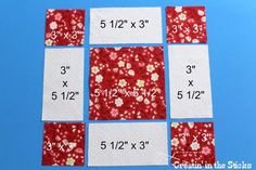 four pieces of red and white fabric with flowers on them are laid out to be sewn