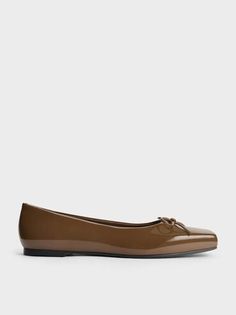 Brown Square-Toe Bow Ballet Flats | CHARLES & KEITH Ballet Flats With Socks, Flats With Socks, Balletcore Aesthetic, Bow Embellishments, Brown Square, Brown Flats, Charles Keith, Ballerinas, Cropped Jeans