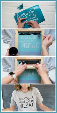 three pictures showing how to make a diy sign