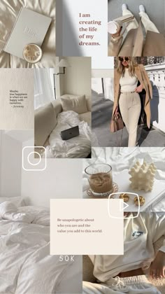 a collage of photos with white and beige colors