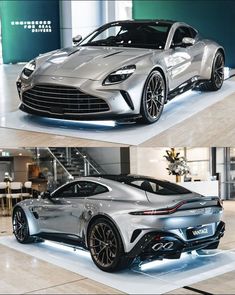 two pictures of a silver sports car on display in a showroom, one showing the front and side view