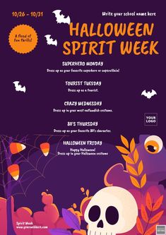 Spirit week banner for Halloween October Spirit Week Ideas, Student Council Activities, Holiday Spirit Week, Character Day Ideas, Spirit Week Themes, St Philip Neri, School Dance Ideas, School Spirit Week, School Spirit Days