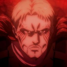 an anime character with red hair and demon horns on his head, staring at the camera