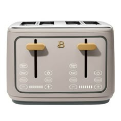 a close up of a toaster with two different knobs on the front and side