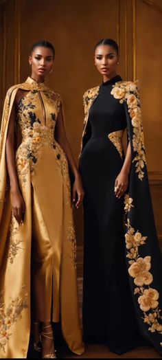 Capes Fashion Couture, Gold Flower Dress, Cheongsam Gown, Black And Gold Gown, Dubai 2023, Gown With Cape, Gold Gown, Elegant Dresses Classy, Vestido Plus Size