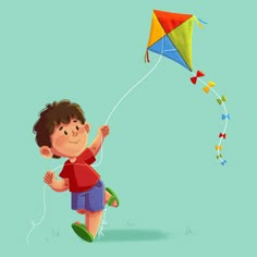 a little boy flying a kite in the sky