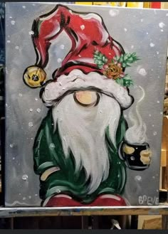 a painting of a santa clause holding a coffee cup in his hand and wearing a red hat