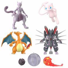 pokemon action figures are shown in three different poses