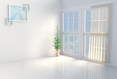 an empty room with a potted plant in the corner