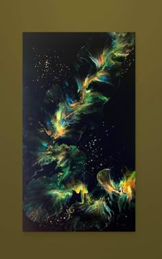 an abstract painting with green, yellow and blue colors on a black background is shown