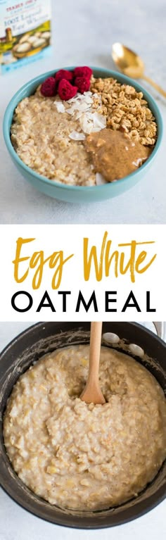 an egg white oatmeal is being poured into a bowl