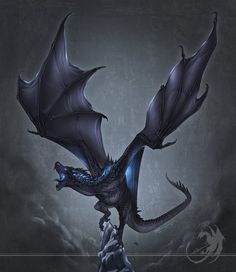 a blue and black dragon flying through the air