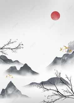 Japan Tree, Background Mountain, Landscape Wall Painting, Spring Vector, Wallpaper Sun, Vector Landscape, Japanese Mountains, Sun Painting, Illustration Nature