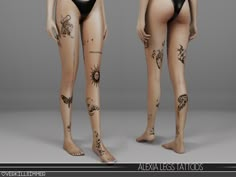 two female mannequins with tattoos on their legs and arms, both wearing black swimsuits