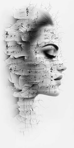 a woman's face with musical notes all over her body and the image is made up of sheet music