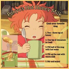 a cartoon character holding a cup and spoon with the words ponyo's hot honey milk