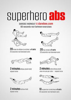 the super hero abs workout poster shows how to do it in less than 20 minutes