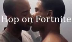 two men kissing each other with the words hop on forties in front of them