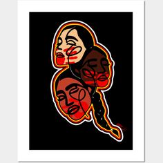 three faces with different colors and shapes on a black background, in the shape of a woman