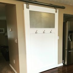 a kitchen with a refrigerator and some hooks on the side of it's door