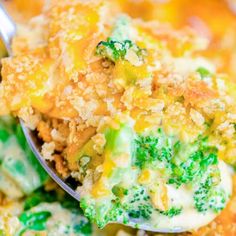 a spoon full of broccoli and cheese casserole