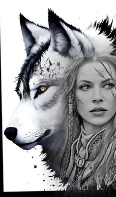 a drawing of a woman and a wolf's head with feathers on her head