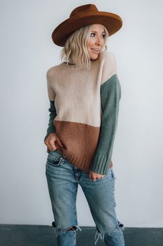 Randi Color Block Sweater | Natural - Baltic Born Brown Color Block Crew Neck Sweater, Color Blocking Outfits, Baltic Born, Brown And Green, Block Style, Favorite Sweater, Warm Sweaters, Trim Color, Color Block Sweater