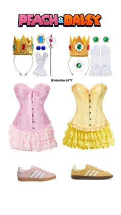 peach and daisy cosplay costume set with shoes, headbands and accessories