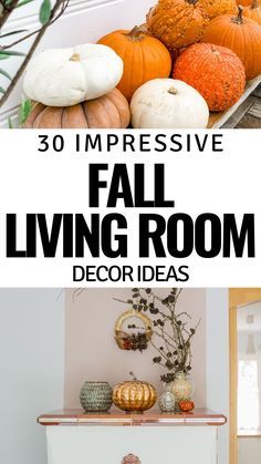 fall living room decor ideas with pumpkins and other decorations on the shelf in front