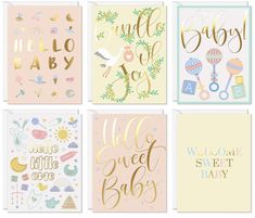 six baby shower cards with gold foil lettering on pastel pink, yellow and blue background