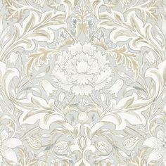 an intricately designed wallpaper with white flowers and leaves on grey, beige and gold colors