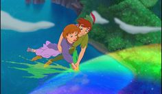 the princess and the frog are flying in the sky over the water with their arms around each other