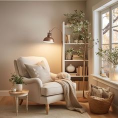 a living room with a chair, lamp and bookshelf filled with plants next to a window