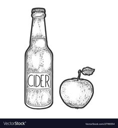 an apple and a bottle of cider on a white background with the word cider written