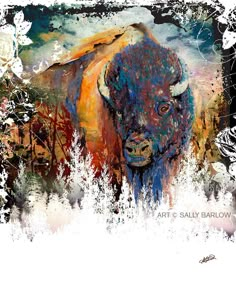 a painting of a bison in the snow