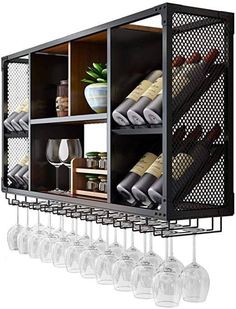 the wine rack is filled with many bottles and glasses