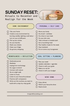 This blog post is all about Rituals to Recenter and Realign for the Week. Follow this checklist to reset for a new week. Self Care Week Ideas, Sunday Self Care Checklist, Sunday Reset Routine Mom, Weekly Things To Do, Sunday Reset Routine Checklist For Teens, Weekly Reset Routine Checklist, Yearly Reset Checklist, Weekend Reset Checklist, Life Reset Checklist 2024