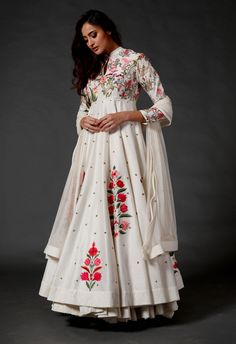 Rohit Bal-Ivory Chanderi Silk Anarkali Set-INDIASPOPUP.COM Luxury Chanderi Gown For Transitional Season, Luxury Art Silk Churidar For Celebration, Luxury Art Silk Anarkali Set With Resham Embroidery, Luxury Cotton Silk Anarkali Set With Intricate Embroidery, Luxury Art Silk Anarkali Set With Traditional Patterns, Luxury Silk Churidar With Printed Motifs, Luxury White Anarkali Set With Motifs, Luxury Gown With Zari Work In Art Silk, Luxury Art Silk Gown With Zari Work