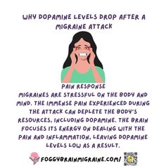 Migraines don’t just bring pain—they stress your body and brain! 😣 During a migraine, the intense stress and pain response depletes your dopamine levels, leaving you feeling wiped out afterward. This is part of why you might feel mentally and physically drained post-migraine. 🧠 #MigraineHangover #DopamineDrop #BrainRecovery #ChronicPain Migraine Hangover, Migraine Attack, Spina Bifida, Finger Henna, Spoonie Life, Migraine Relief, Arbonne, Migraine