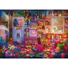 a child sitting on the floor in front of a room filled with toys and books