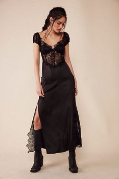 Punk Rock Wedding Guest Outfit, Alt Wedding Guest Dress, August 2024 Fashion, Free People Midi Dress, Gothic Cocktail Dress, Dark Fem Dress, Black Occasion Dress, Contrast Lace Dress, Witchy Wedding Guest Dress